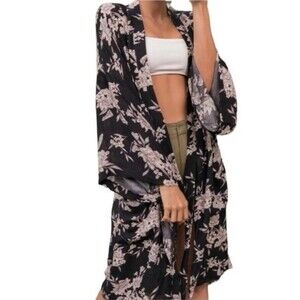 Spiritual Gangster Maya Floral Print Black & White Kimono Robe